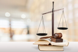 a balance scale, gavel, and textbooks