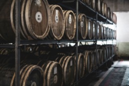 liquor barrels in warehouse
